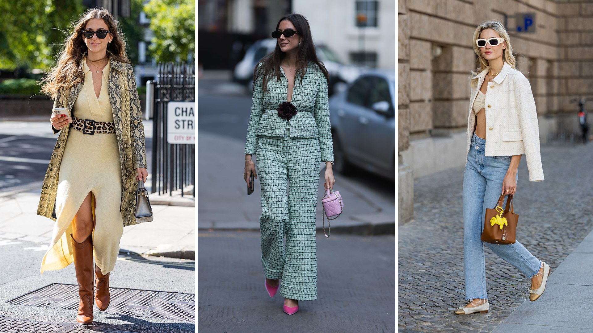 Three LFW guests on the streets of London wearing animal print, a floral corsage and ballet flats, respectively.