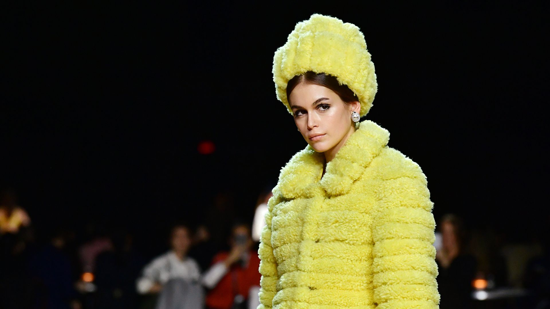 kaia gerber in yellow fluffy outfit 