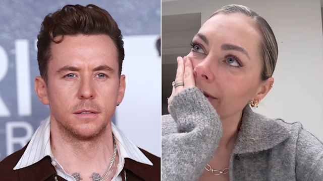 Split image showing Danny Jones at event and Georgia filming to camera