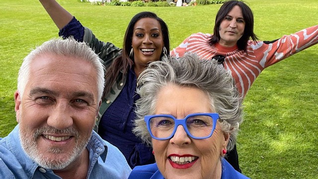 Paul, Alison, Noel and Prue filming Bake Off 2023