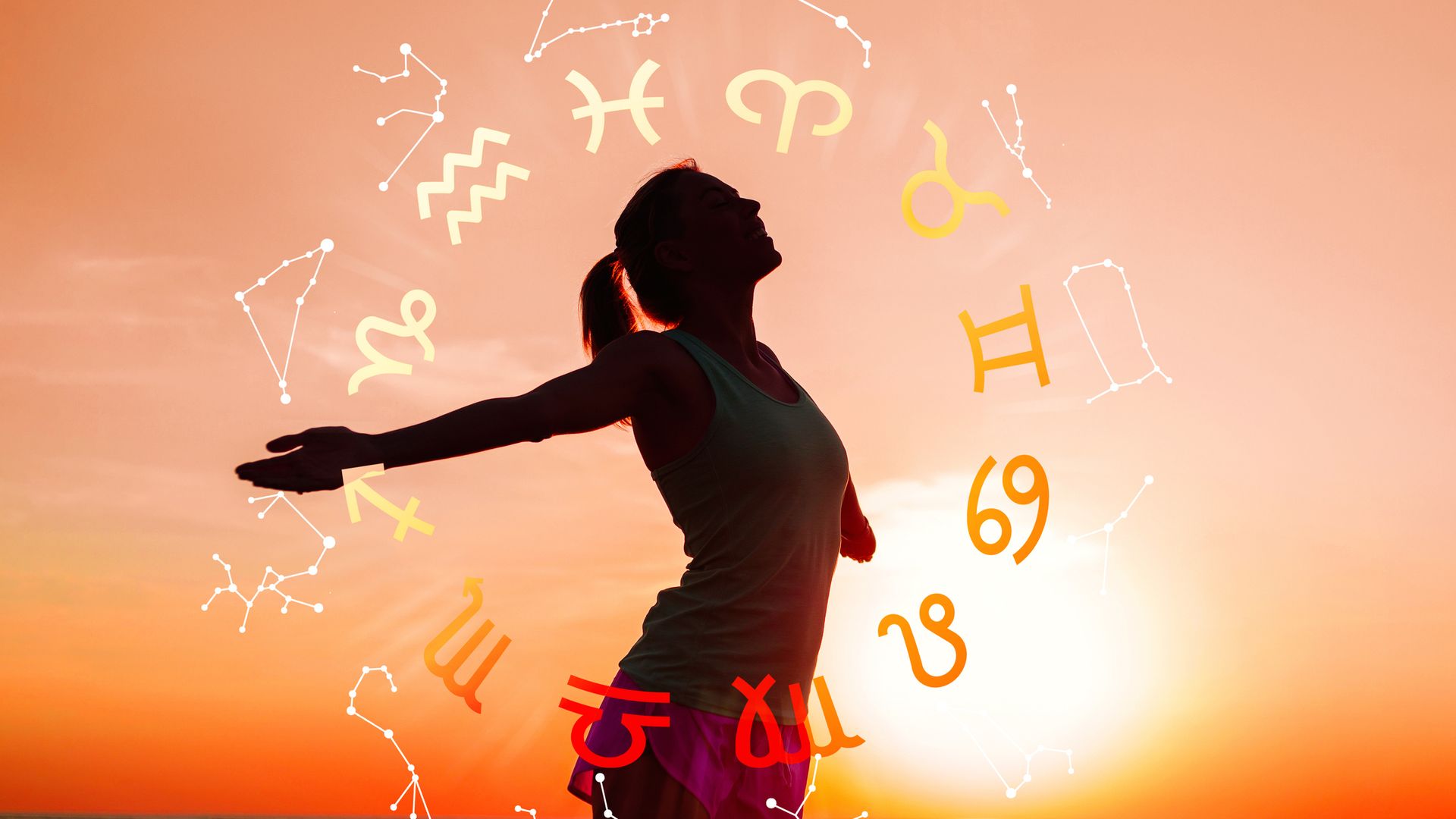 Concept of astrology and horoscope, person inside a zodiac sign wheel