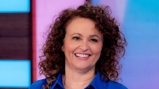 Nadia Sawalha in blue shirt