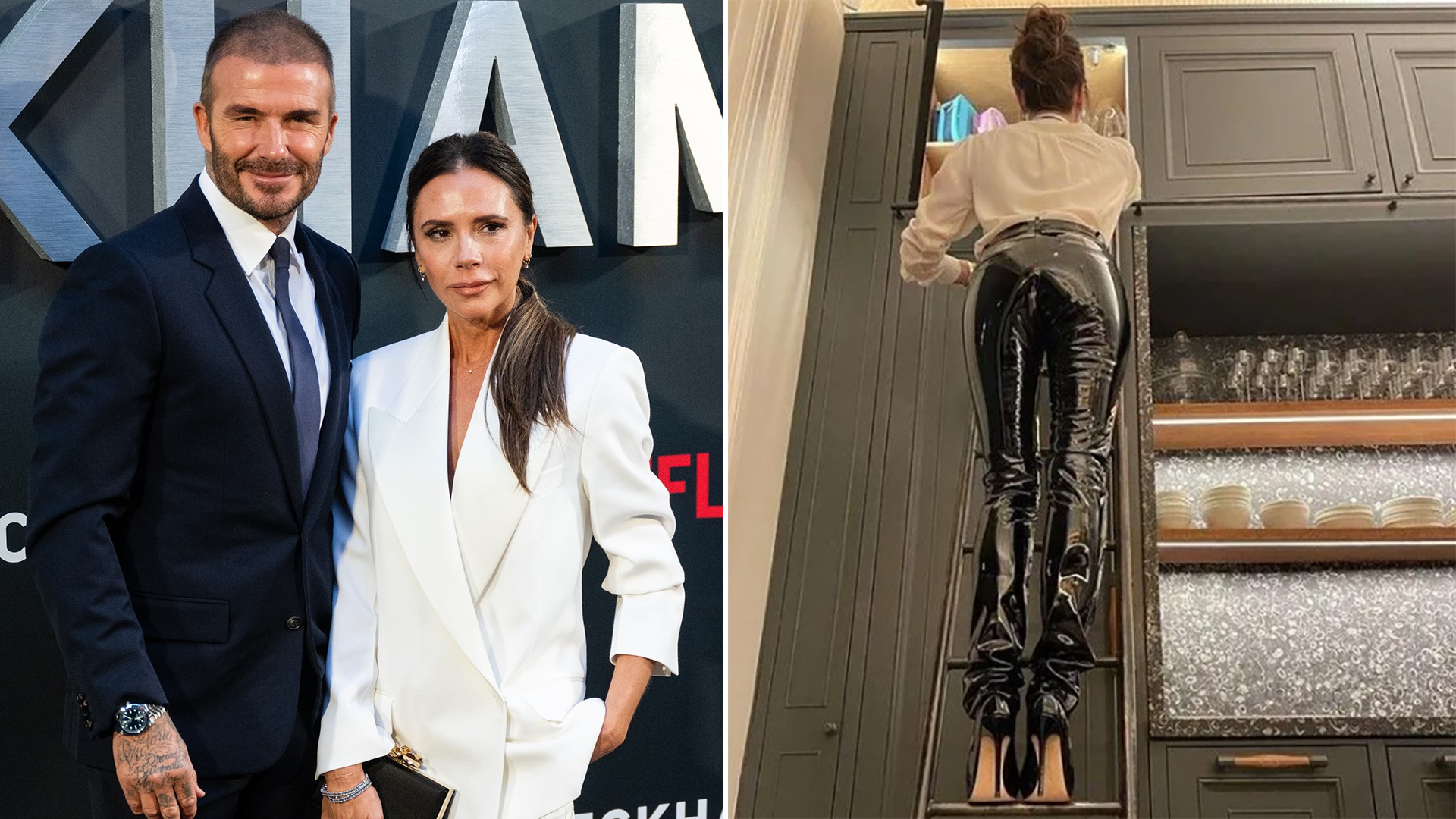 split image showing David and Victoria Beckham at film premiere on the left and Victoria in her kitchen on the right