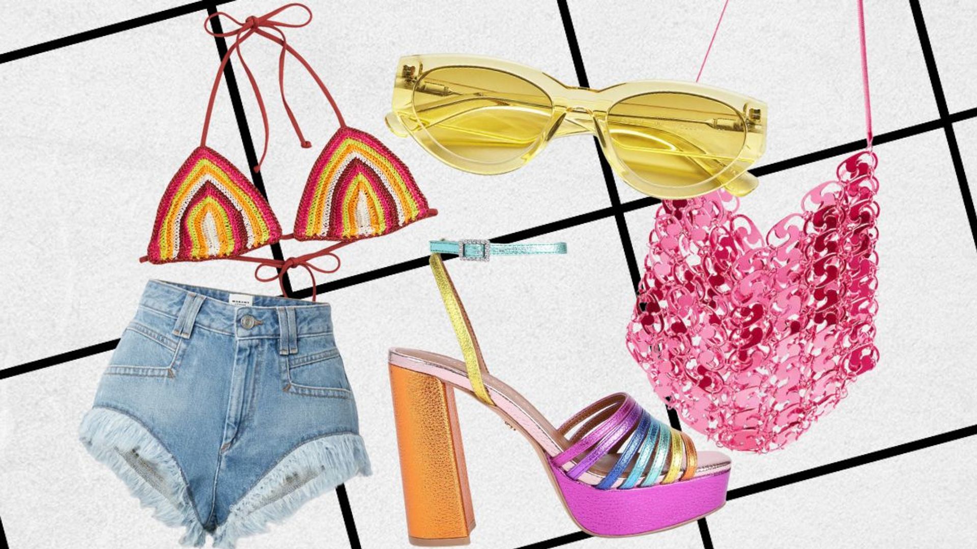 Crochet bikini top, denim shorts, rainbow platforms, yellow sunglasses, pink mesh bag 
