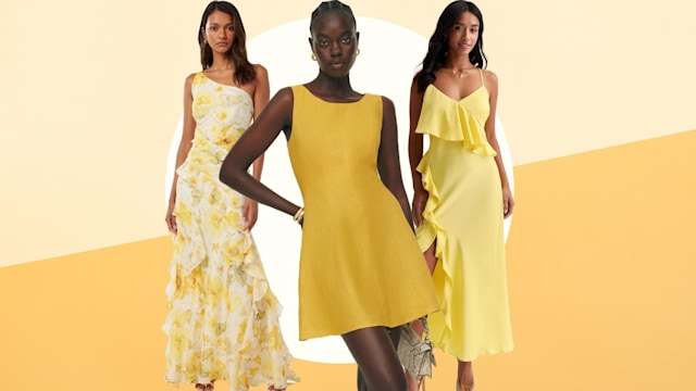 three models in yellow dresses on yellow two tone background