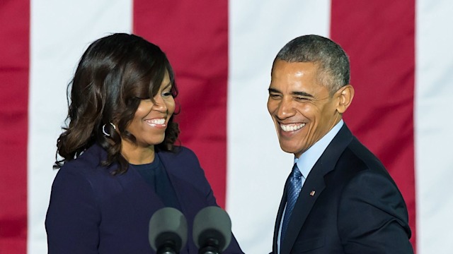 First Lady Michelle Obama and husband, President Barack Obama on stage during the Hillary Clinton 'Get Out The Vote' rally with Bruce Springsteen and Jon Bon Jovi at Independence Hall on November 7, 2016 in Philadelphia, Pennsylvania. (Photo by Gilbert Carrasquillo/FilmMagic)