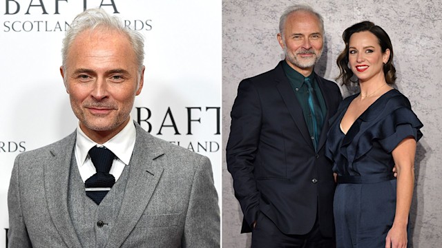 Split image of Mark Bonnar in grey suit and Mark Bonnar standing with wife Lucy Gaskell