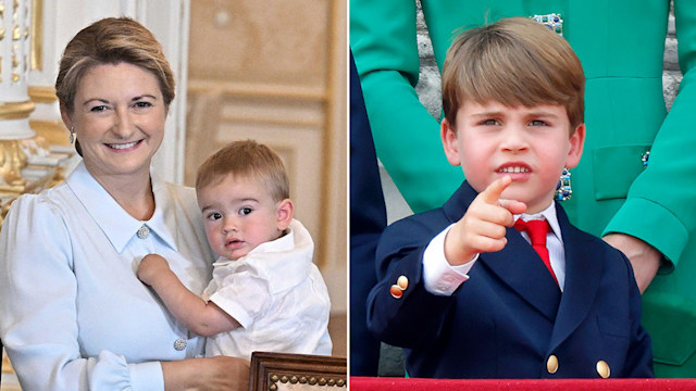 Split image of Hereditary Duchess Stephanie holding Prince Francois and Prince Louis