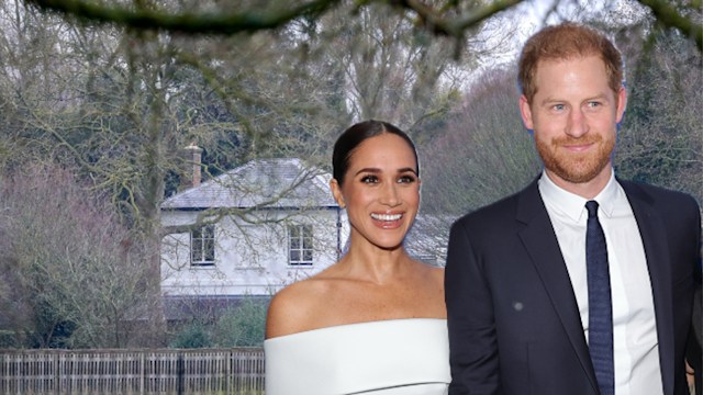 harry and meghan with cottage in background 