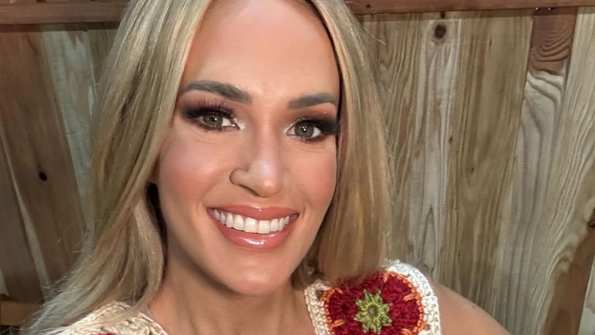 Carrie Underwood wearing a patchwork top