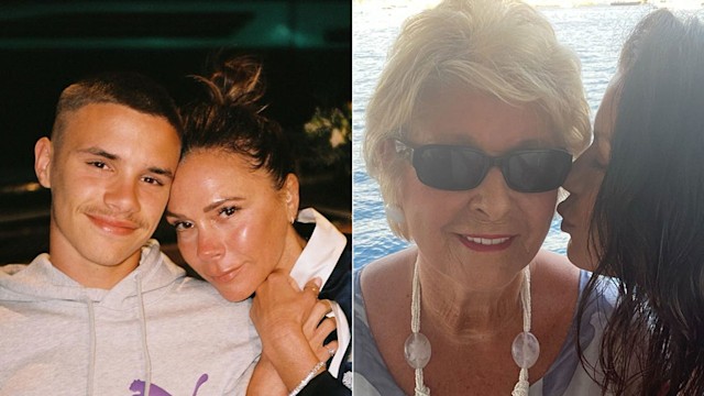 split image showing romeo beckham and mum victoria and catherine zeta-jones with her mother