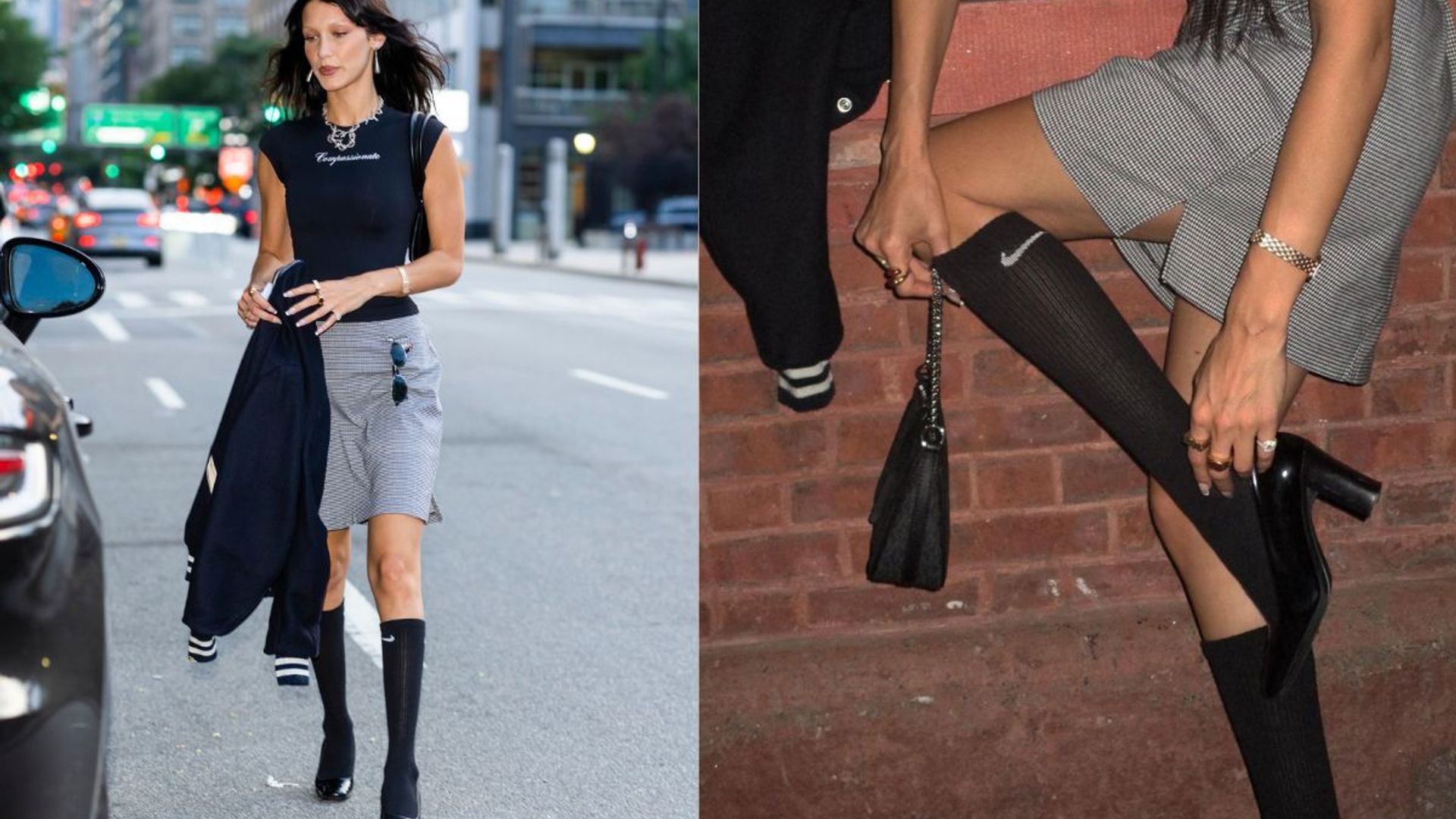 Bella Hadid borrowed the knee-high socks trend from Cher Horowitz