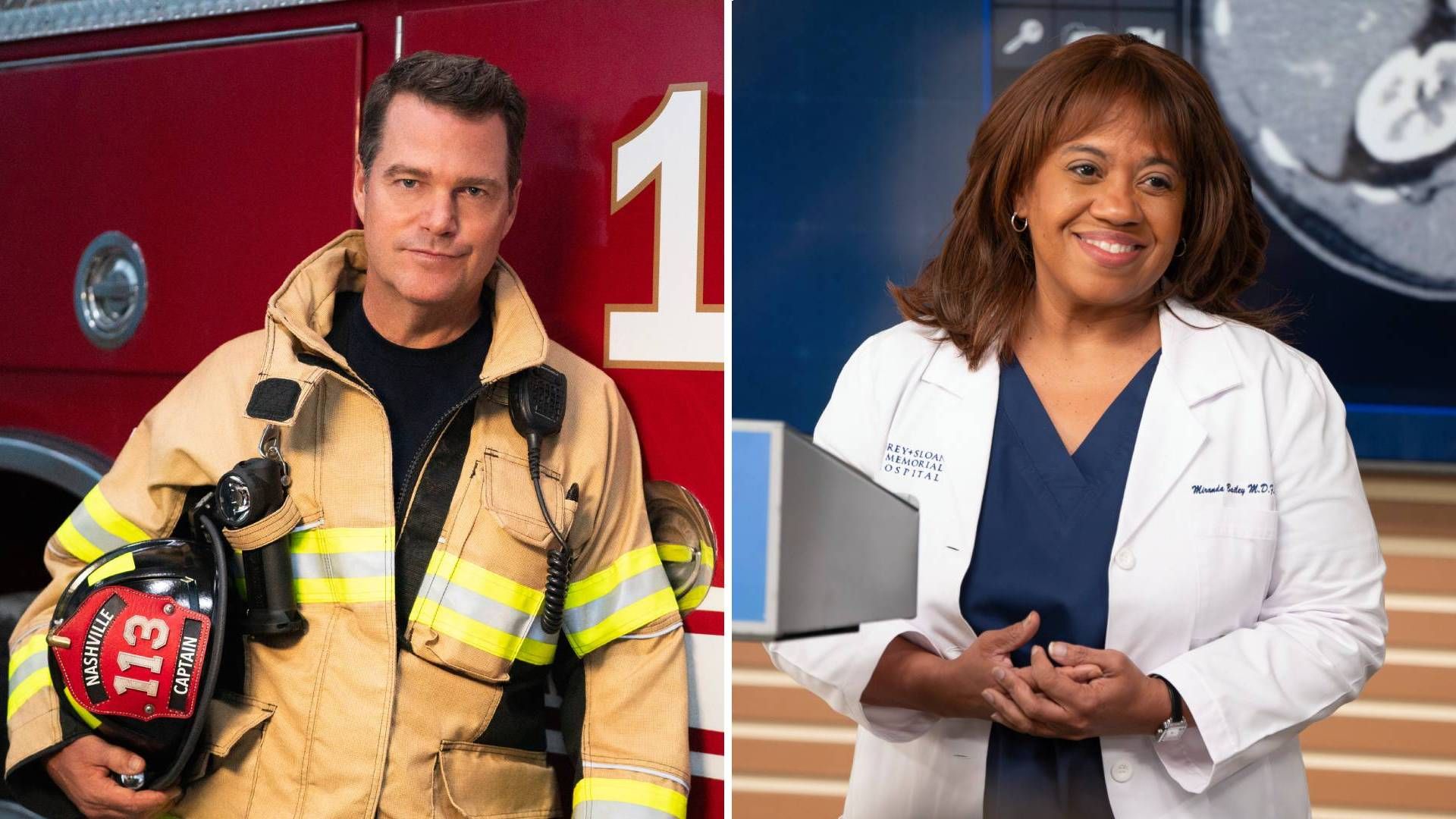Split image of Chris O'Donnell as Don Sharpe on 9-1-1: Nashville and Chandra Wilson as Miranda Bailey on Grey's Anatomy