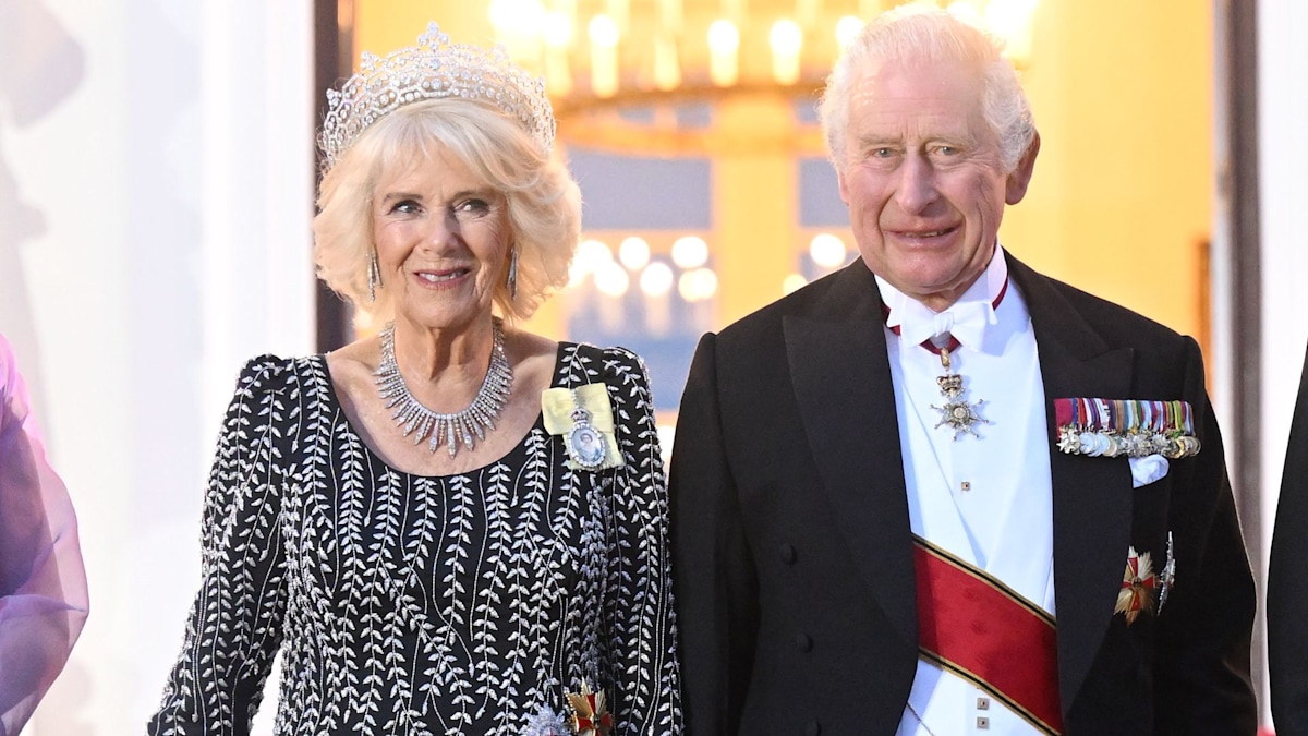 Queen Camilla sparkles in diamond tiara and shimmering gown for state ...