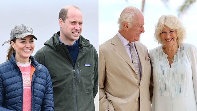 split image showing william, kate, charles and camilla on beaches