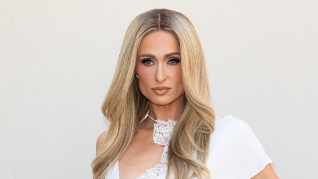 Paris Hilton in lacy white dress