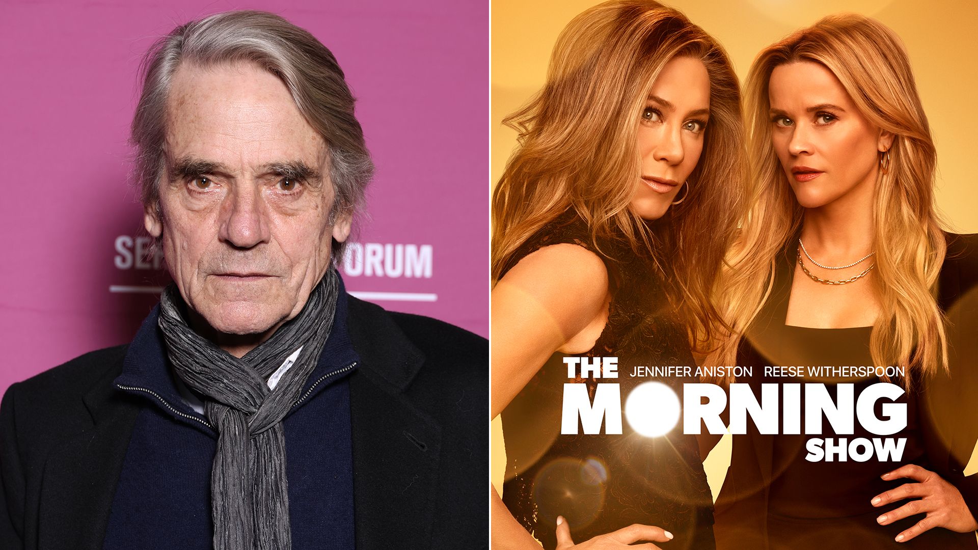 Split image of Jeremy Irons and The Morning Show poster