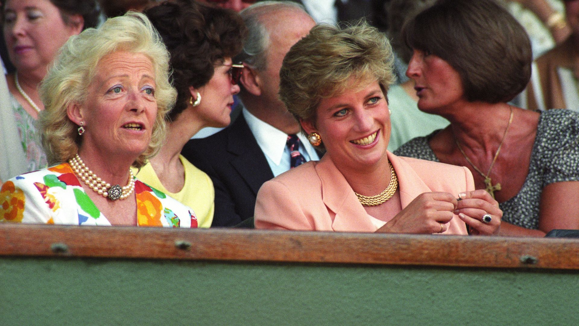 Princess Diana smiling at Wimbledon Tennis Championships with her mother Frances Shand Kydd in 1993