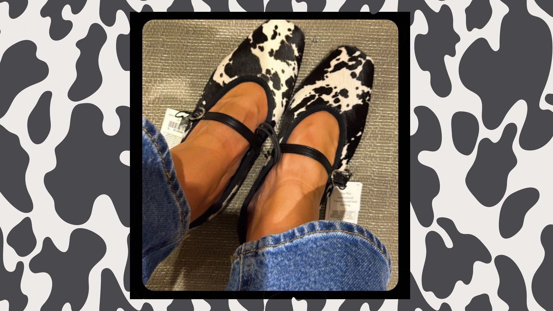 cow print shoes as tried on by leanne bayley - hello! shopping editor