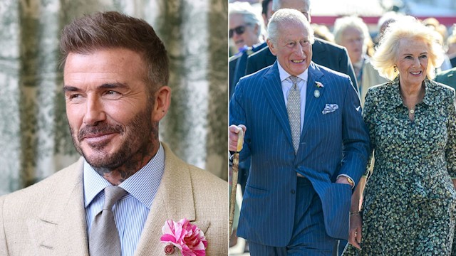 split image showing david beckham and king charles and queen camilla 