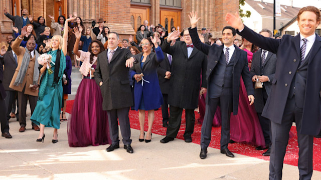 Chicago Med season 8 cast waving at a wedding