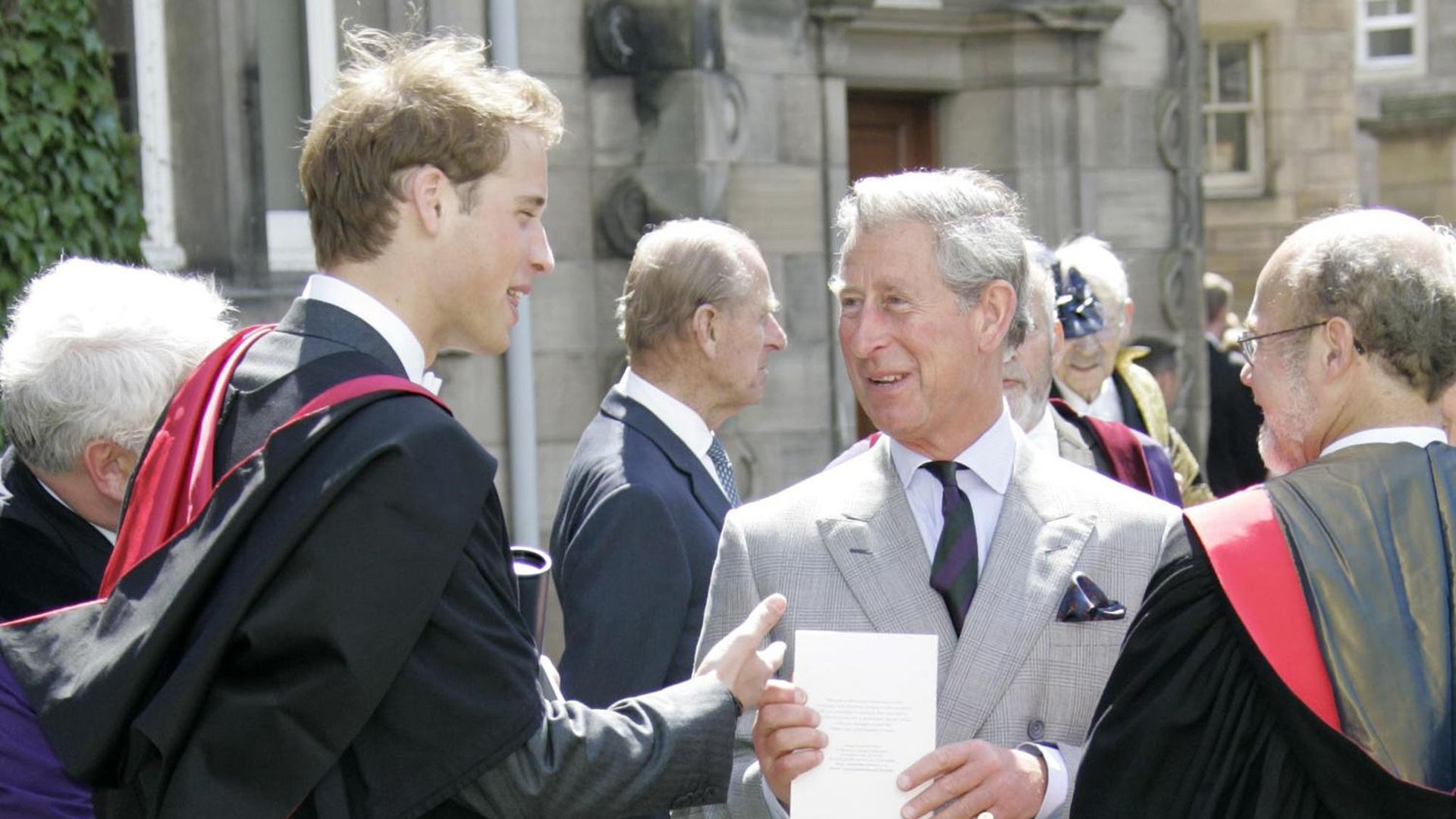 Prince William and Prince Charles after a graduation ceremony at the University Of St Andrews in 2005
