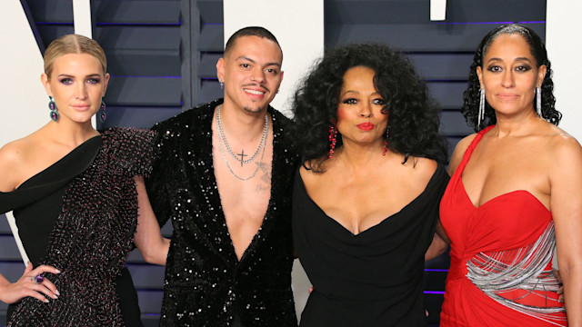 Ashlee Simpson, Evan Ross, Diana Ross, and Tracee Ellis Ross arrive for the 2019 Vanity Fair Oscar Party at the Wallis Annenberg Center for the Performing Arts on February 24, 2019 in Beverly Hills, California