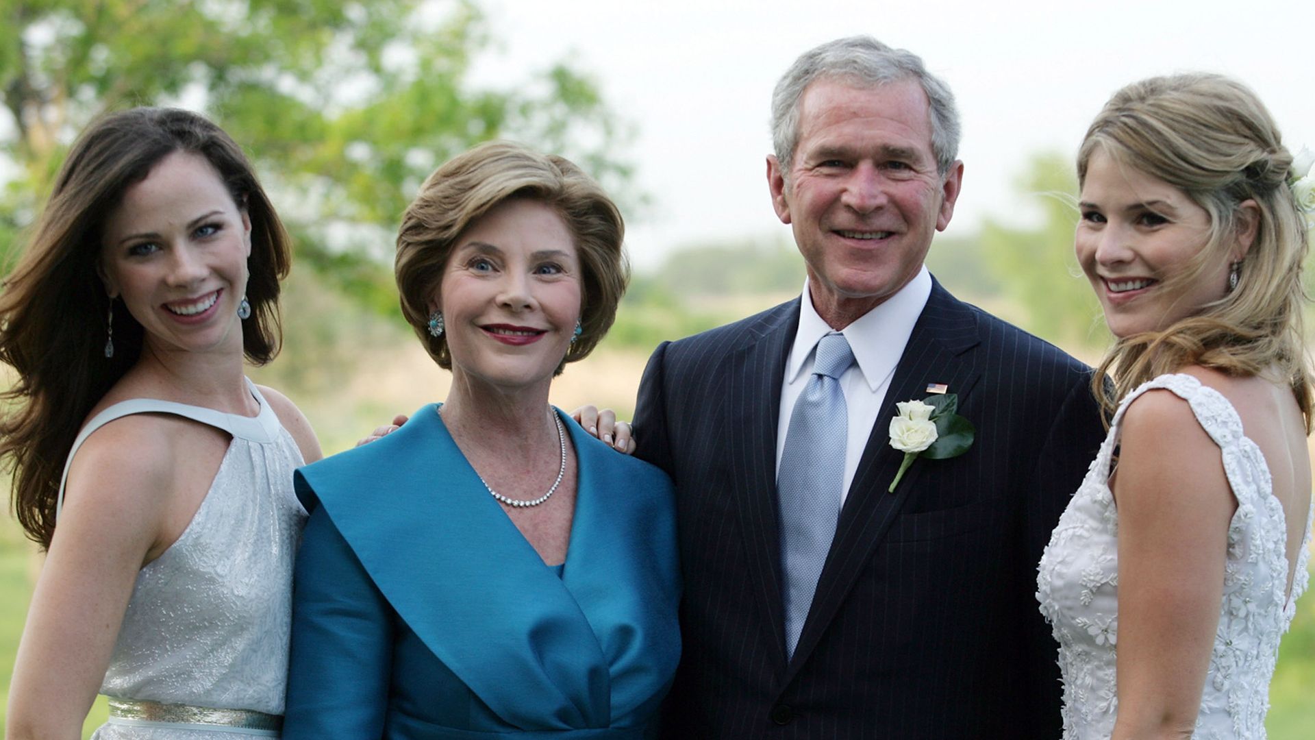 In this handout image provided by the White House, U.S. President George W. Bush and Mrs. Laura Bush pose with daughters Jenna (R) and Barbara (L) prior to the wedding of Jenna and Henry Hager May 10, 2008 near Crawford, Texas