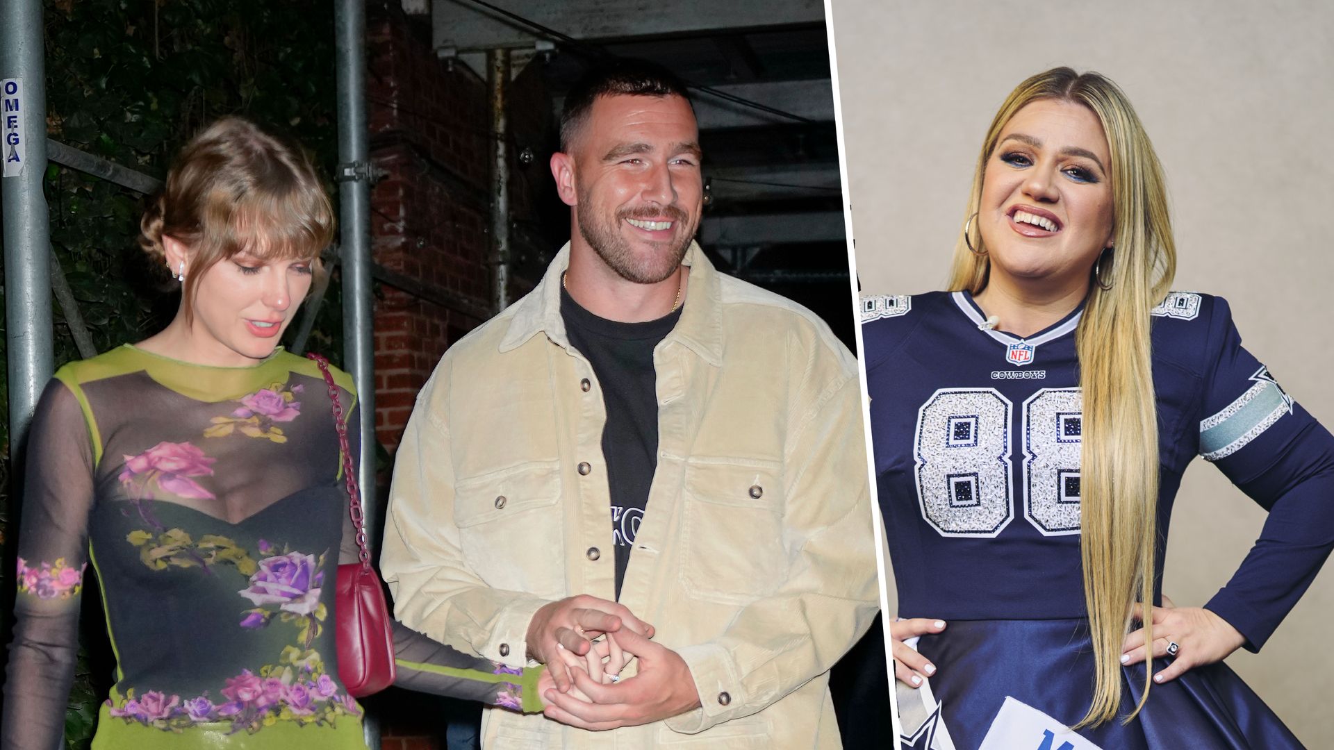 Taylor Swift and Travis Kelce walk out of a restaurant, the picture is next to a separate image of Kelly Clarkson