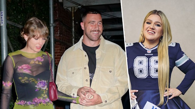 Taylor Swift and Travis Kelce walk out of a restaurant, the picture is next to a separate image of Kelly Clarkson