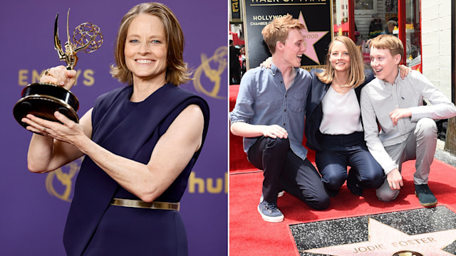 Split image of Jodie Foster at the Emmys and with her son