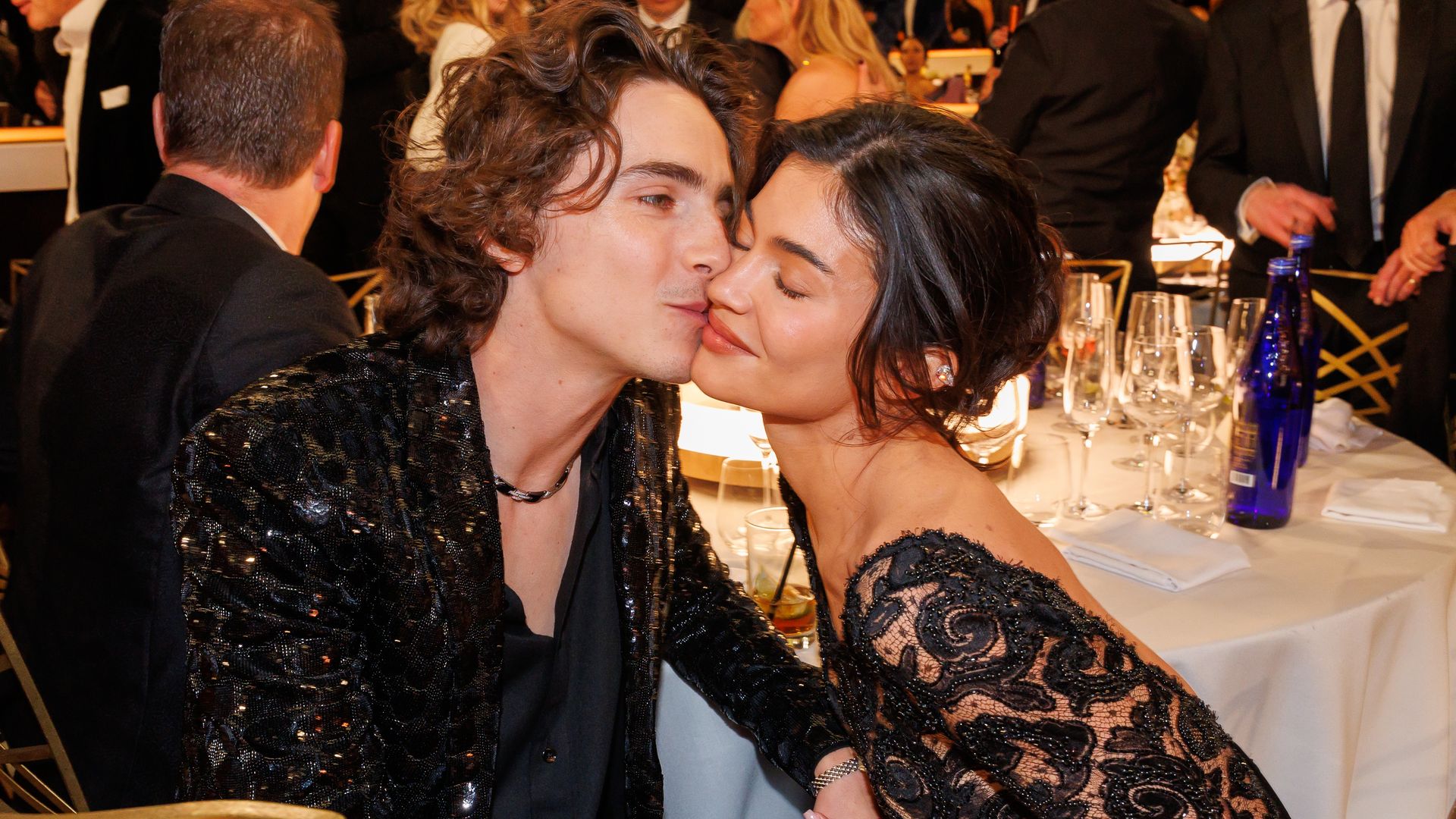 Timothee Chalamet and Kylie Jenner at the 81st Golden Globe Awards held at the Beverly Hilton Hotel on January 7, 2024 in Beverly Hills, California. (Photo by Christopher Polk/Golden Globes 2024/Golden Globes 2024 via Getty Images)