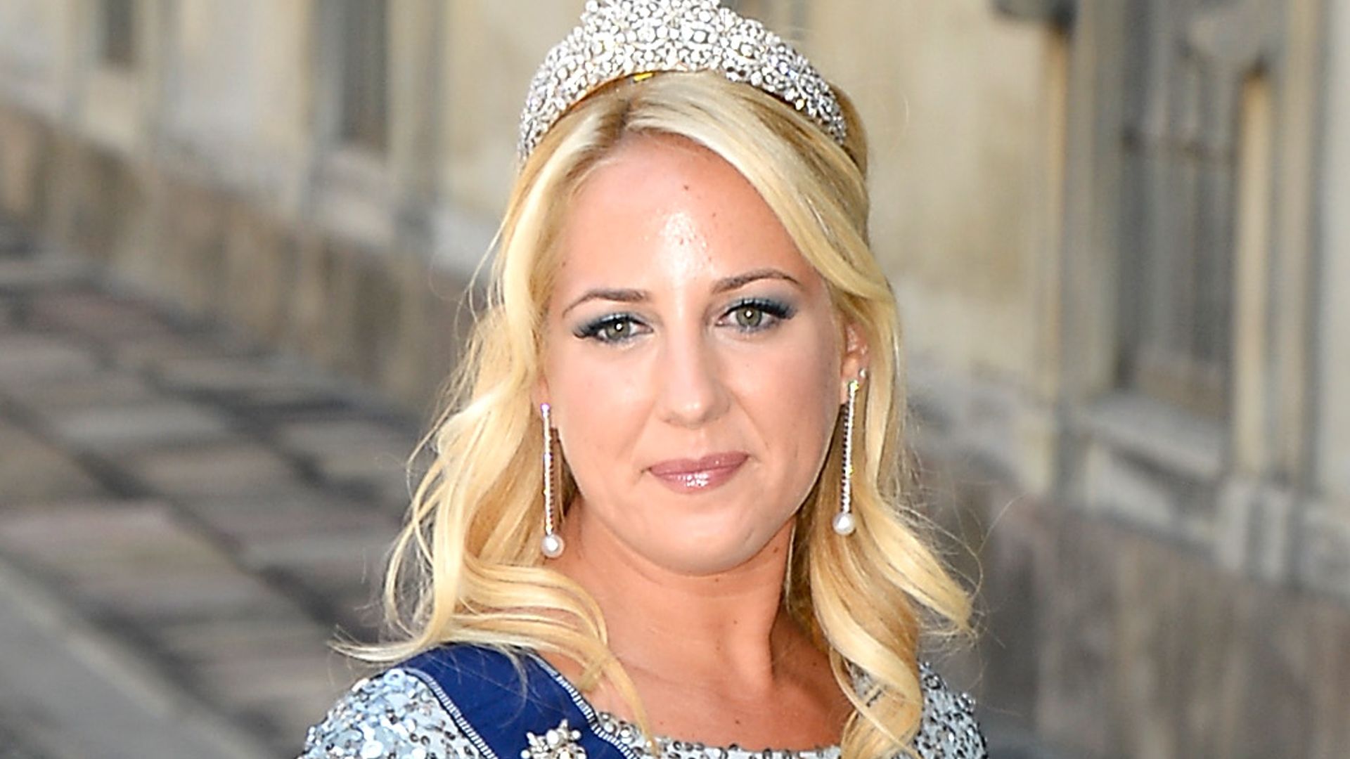 Princess Theodora of Greece in a sparkly dress and tiara
