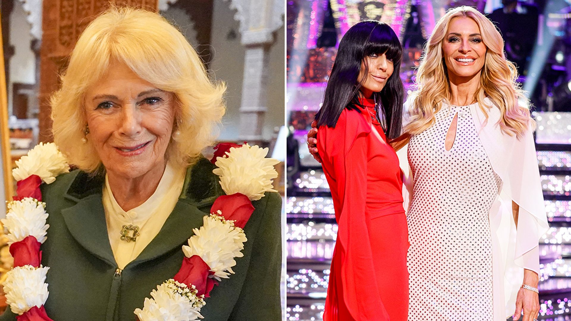Split image of Queen Camilla and of Claudia Winkleman and Tess Daly on Strictly Come Dancing