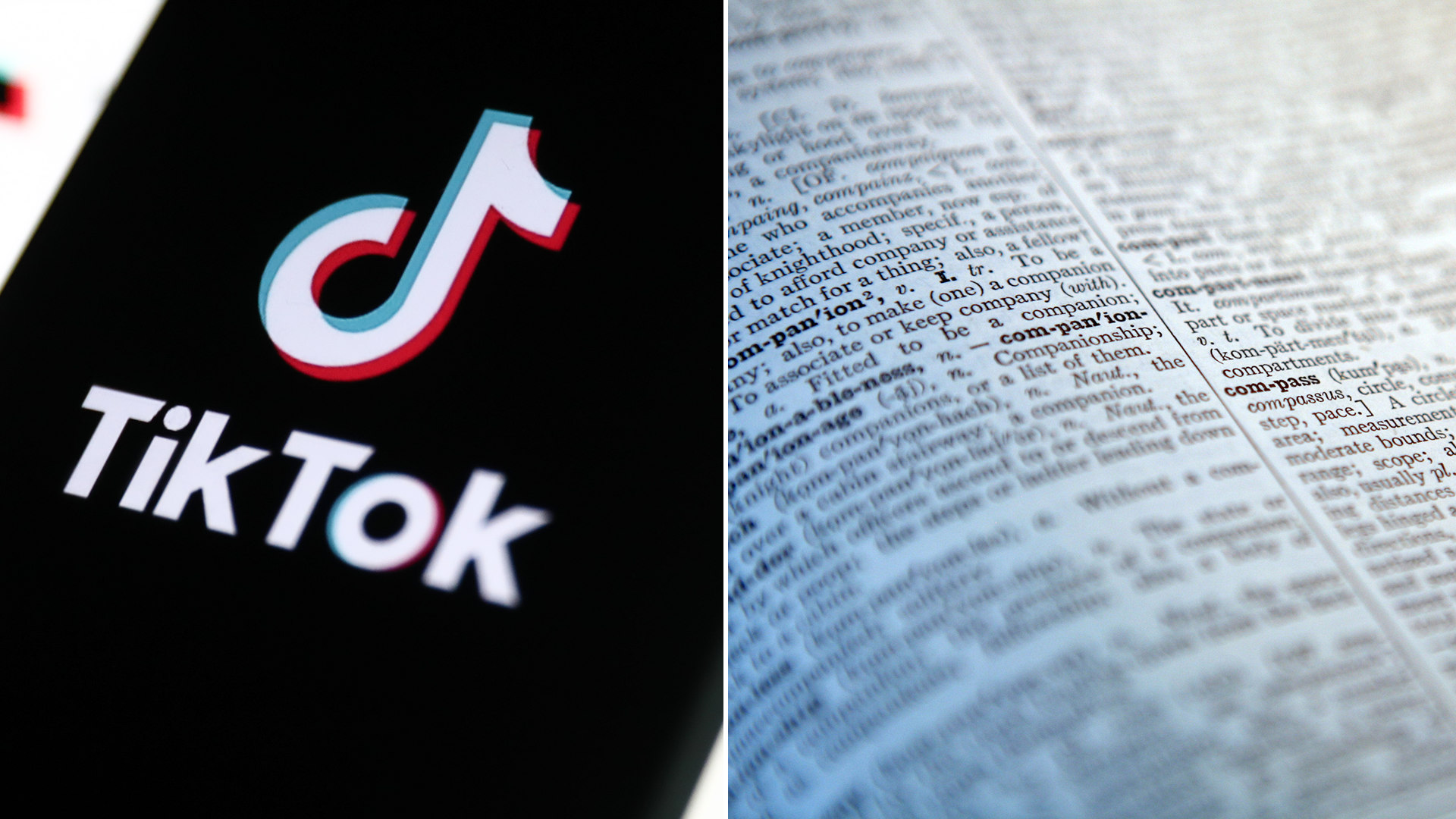 Split image showing TikTok social media app and a close up shot of a dictionary