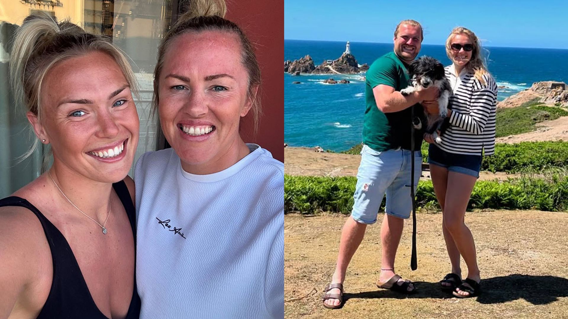 Side by side photos of Marlie Packer & Rosie Galligan and Zoe Aldcroft and Luke Stratford