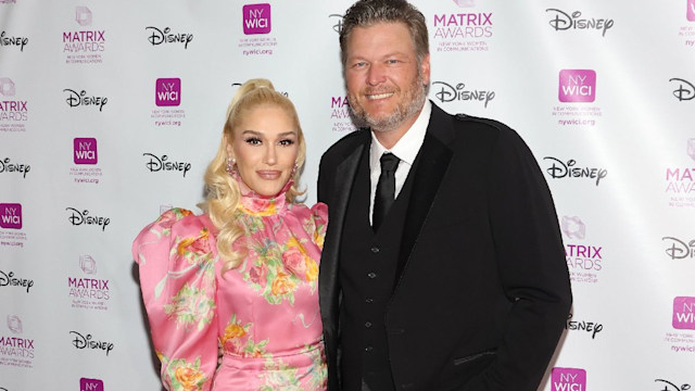 gwen stefani blake shelton pink minidress denim red carpet