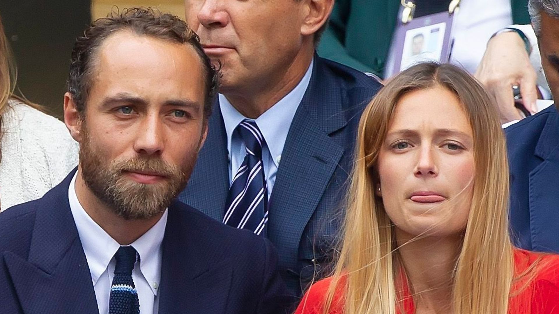 James Middleton and Girlfriend Alizee Thevenet on Centre Court at Wimbledon during the Gentlemen's Final Wimbledon Championships 2019, Day Thirteen, Gentlemens Final, All England Lawn Tennis & Croquet Club, Church Rd, London, United Kingdom - 14th July 2019