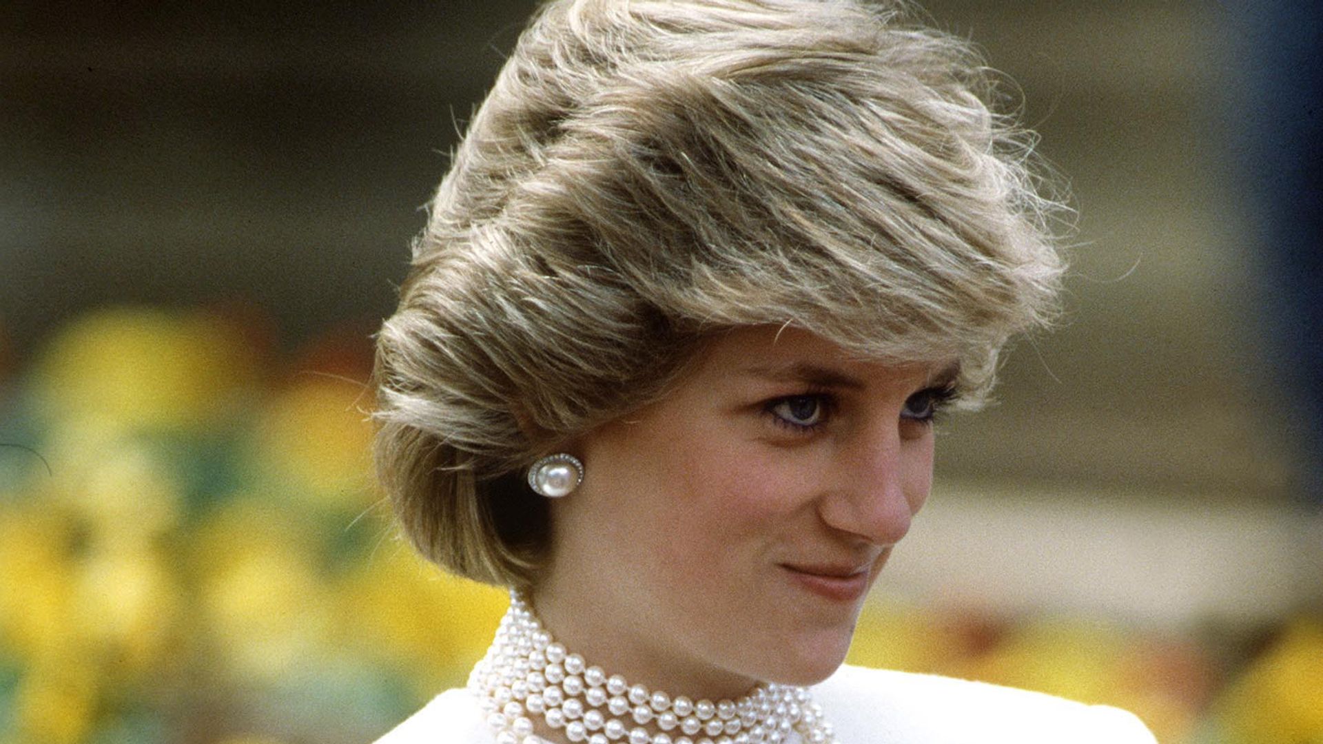 Princess Diana in white and pearl necklace