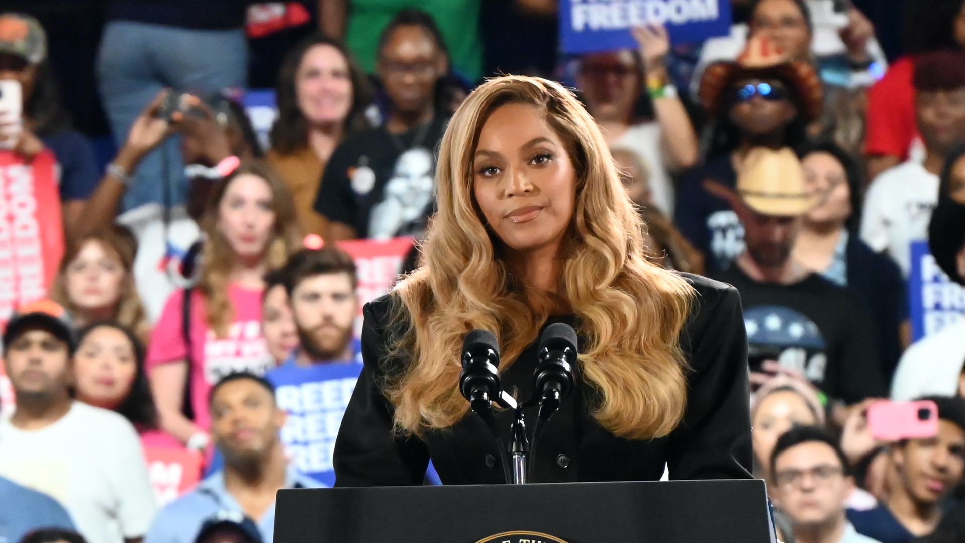 Beyoncé opens up about motherhood in emotional plea at Kamala Harris rally