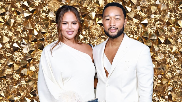  Chrissy Teigen and John Legend on gold rhinestone backdrop