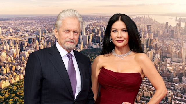 Catherine Zeta Jones and Michael Douglas with NYC skyline backdrop