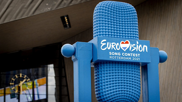 A four-metre high 3D-printed Eurovision trophy made from recycled PET material from the Rotterdam waters, is displayed at the Central Station, ahead of the Eurovision Song Contest 2021 in Rotterdam, the Netherlands