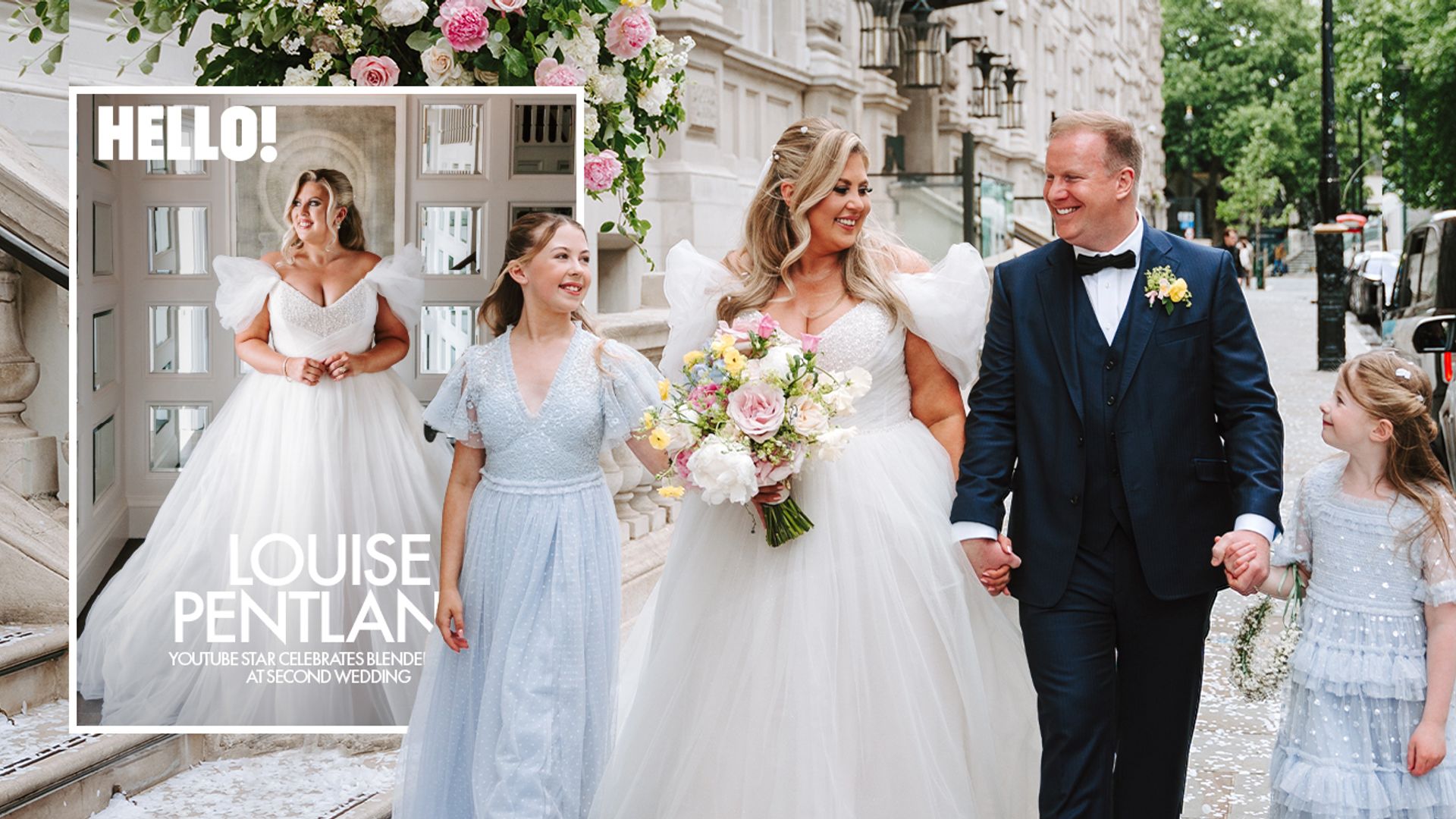 Louise Pentland on her wedding day with her husband Liam and kids Darcy and Pearl