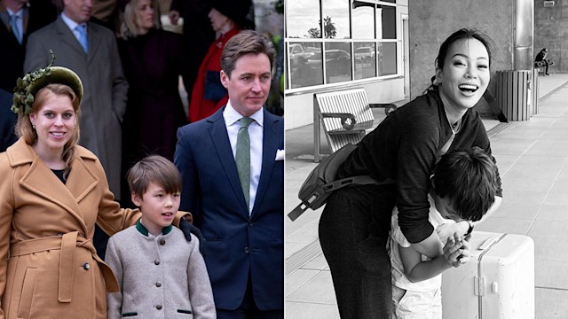 split image showing princess beatrice with wolfie and dara huang with wolfie 