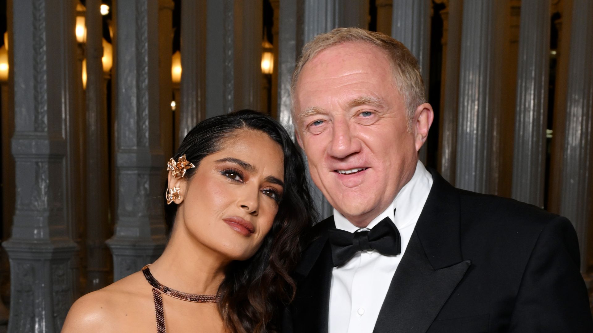 Salma Hayek, wearing Gucci, and FranÃ§ois-Henri Pinault attend the 2023 LACMA Art+Film Gala, Presented By Gucci at Los Angeles County Museum of Art on November 04, 2023 in Los Angeles, California.