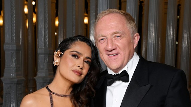 Salma Hayek, wearing Gucci, and FranÃ§ois-Henri Pinault attend the 2023 LACMA Art+Film Gala, Presented By Gucci at Los Angeles County Museum of Art on November 04, 2023 in Los Angeles, California.