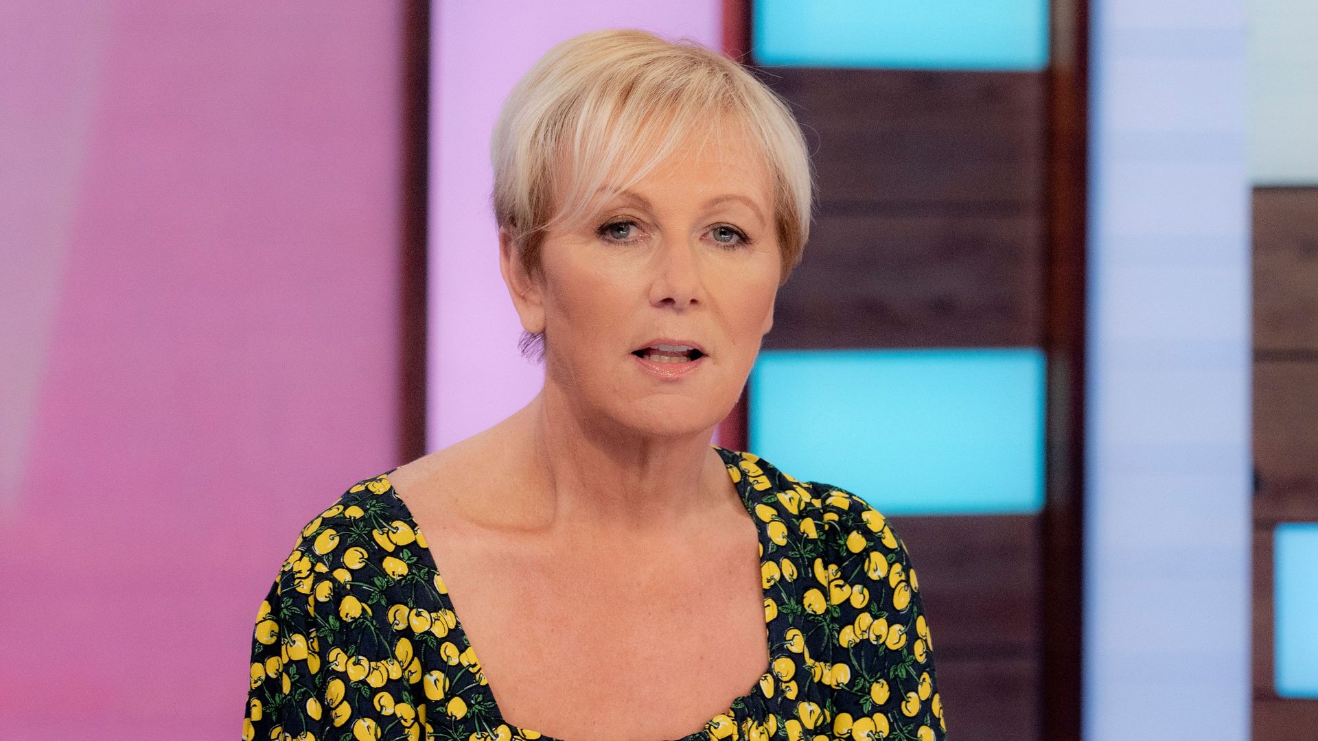 Sue Cleaver on Loose Women in a black and yellow top