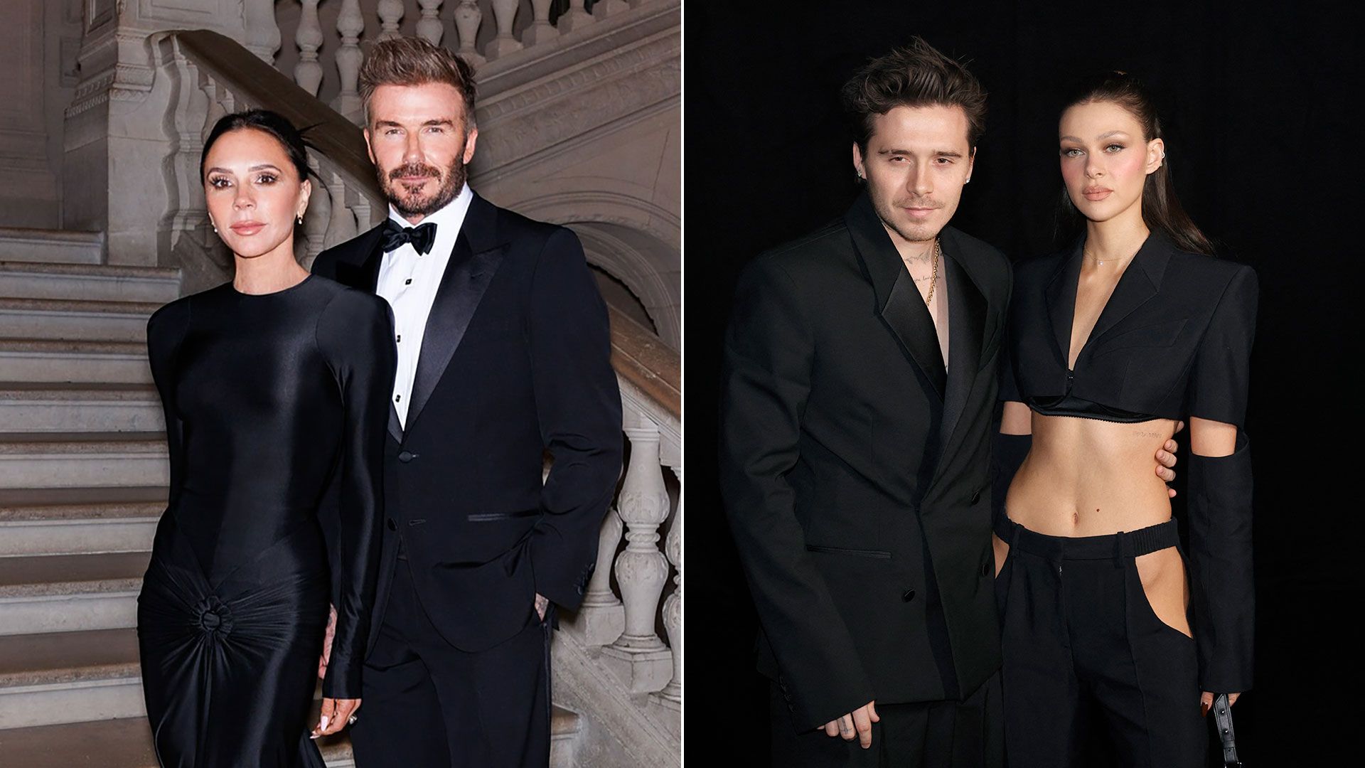 Victoria and David Beckham next to Brooklyn and Nicola Peltz Beckham