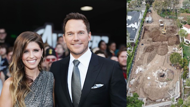 L: Chris Pratt and Katherine Schwarzenegger R: The newly demolished lot of land